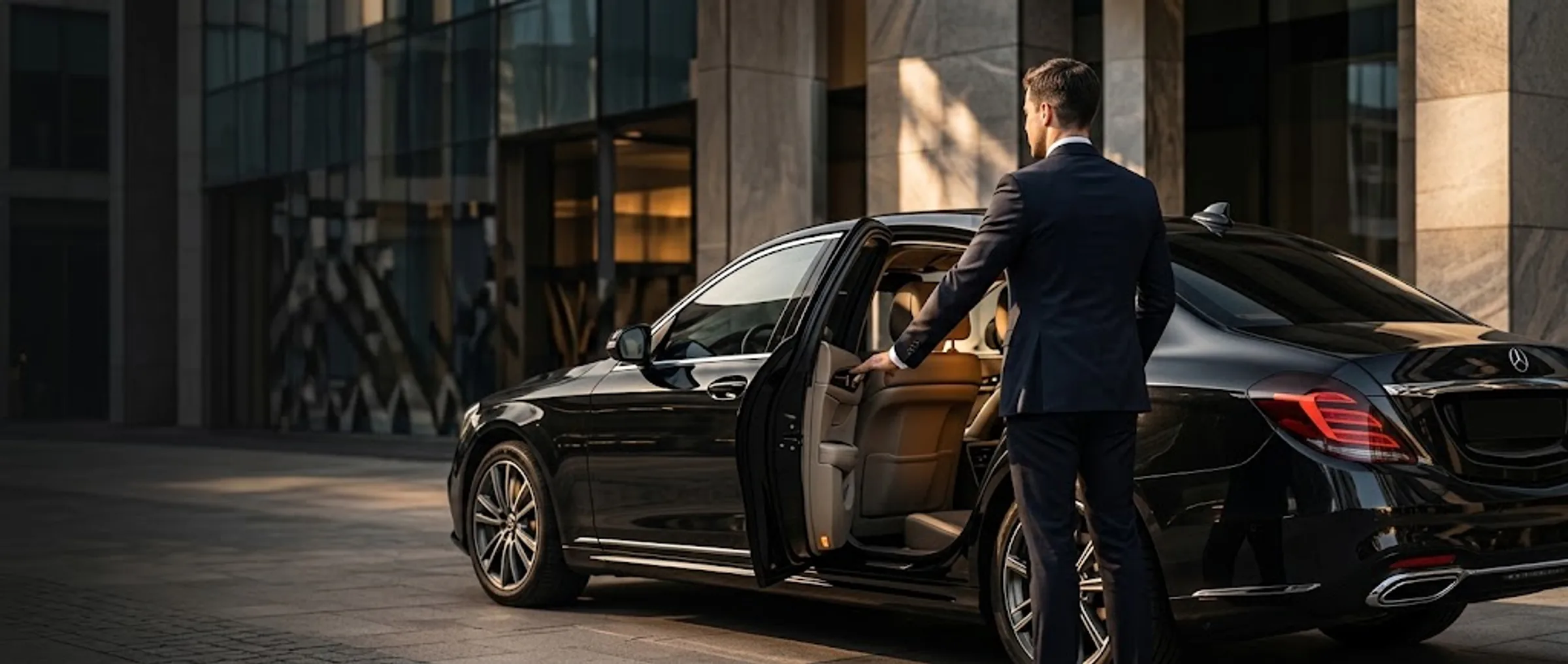 Automobilių nuoma su vairuotoju Vilniuje – vairuotojas atidaro Mercedes-Benz duris